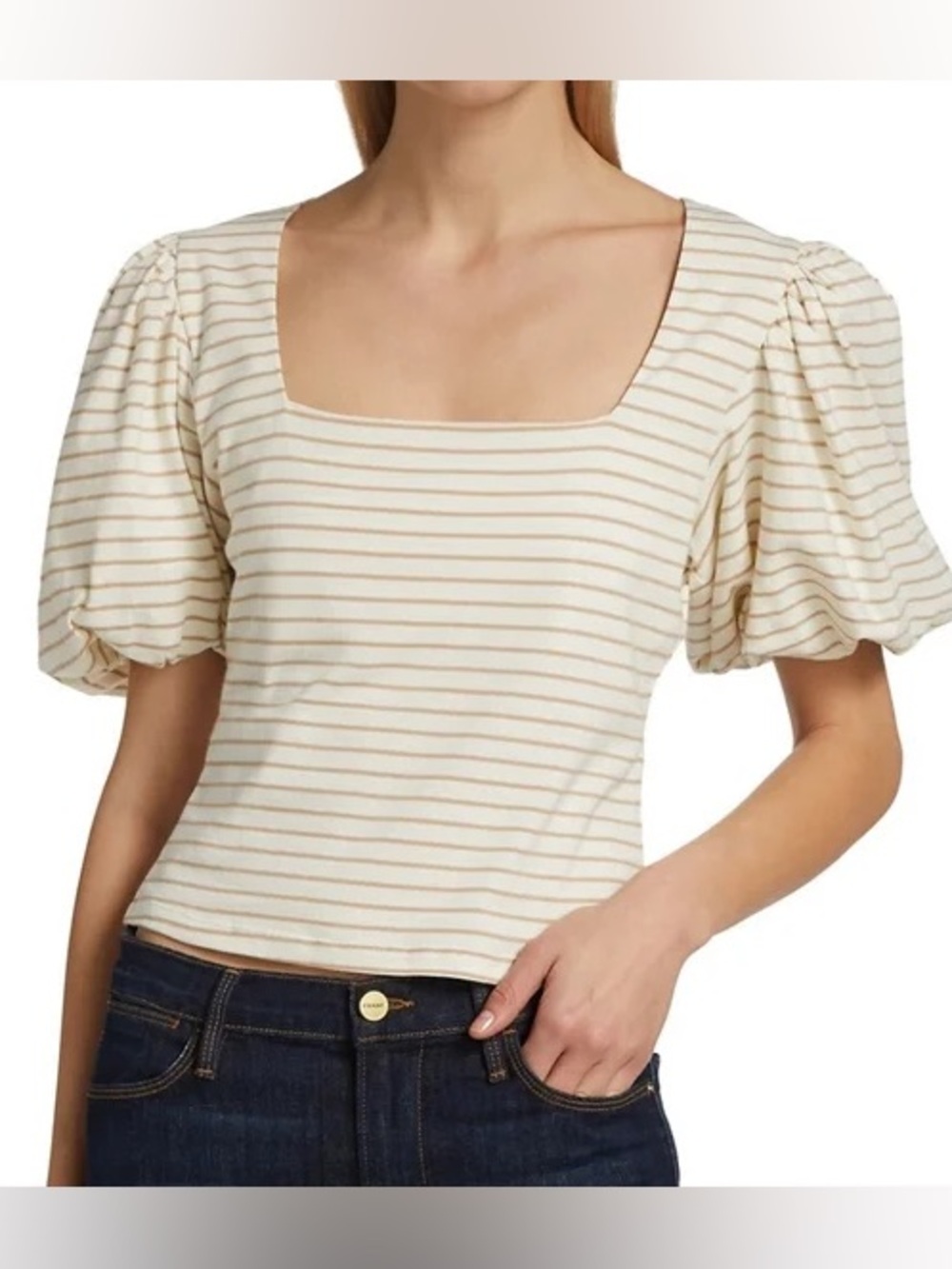 Frame Denim Cream Striped Square-Neck Puff Sleeve Crop Top - Size S